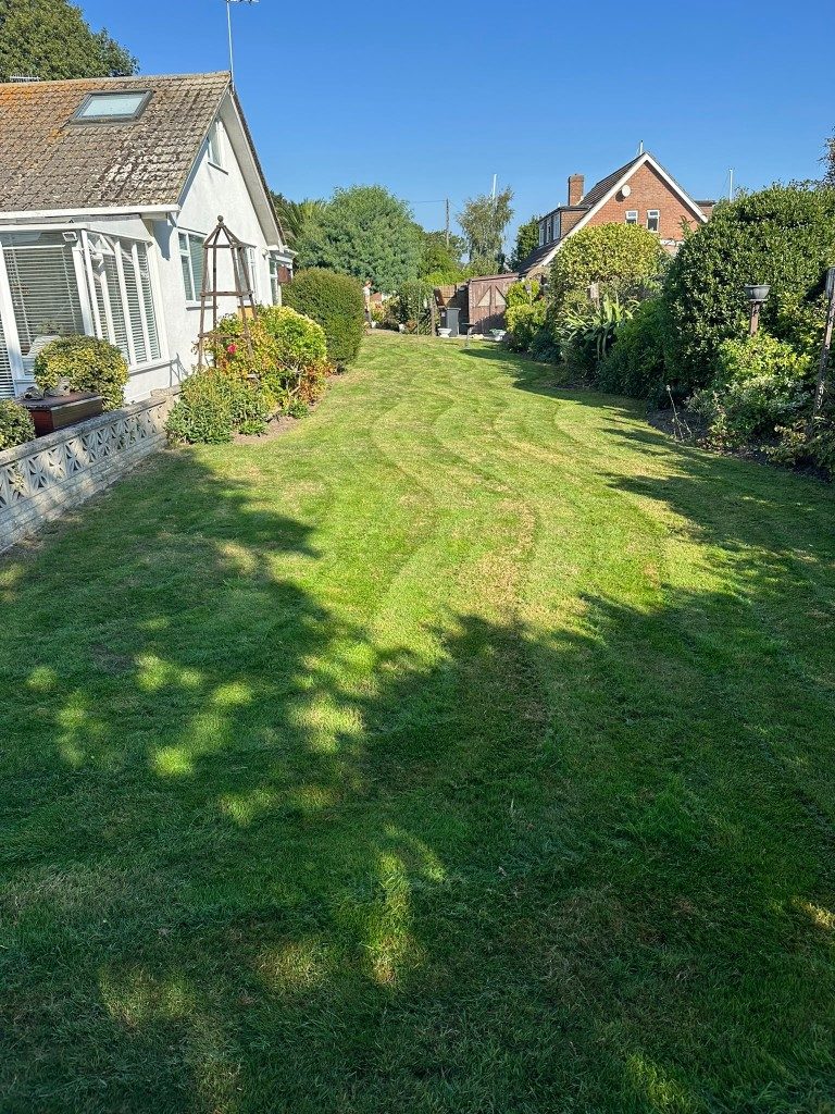Striped lawn beside a conservatory after a mowing visit in Hampshire