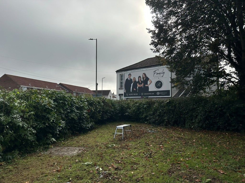An overgrown hedge in front of a commercial billboard before it was cut back